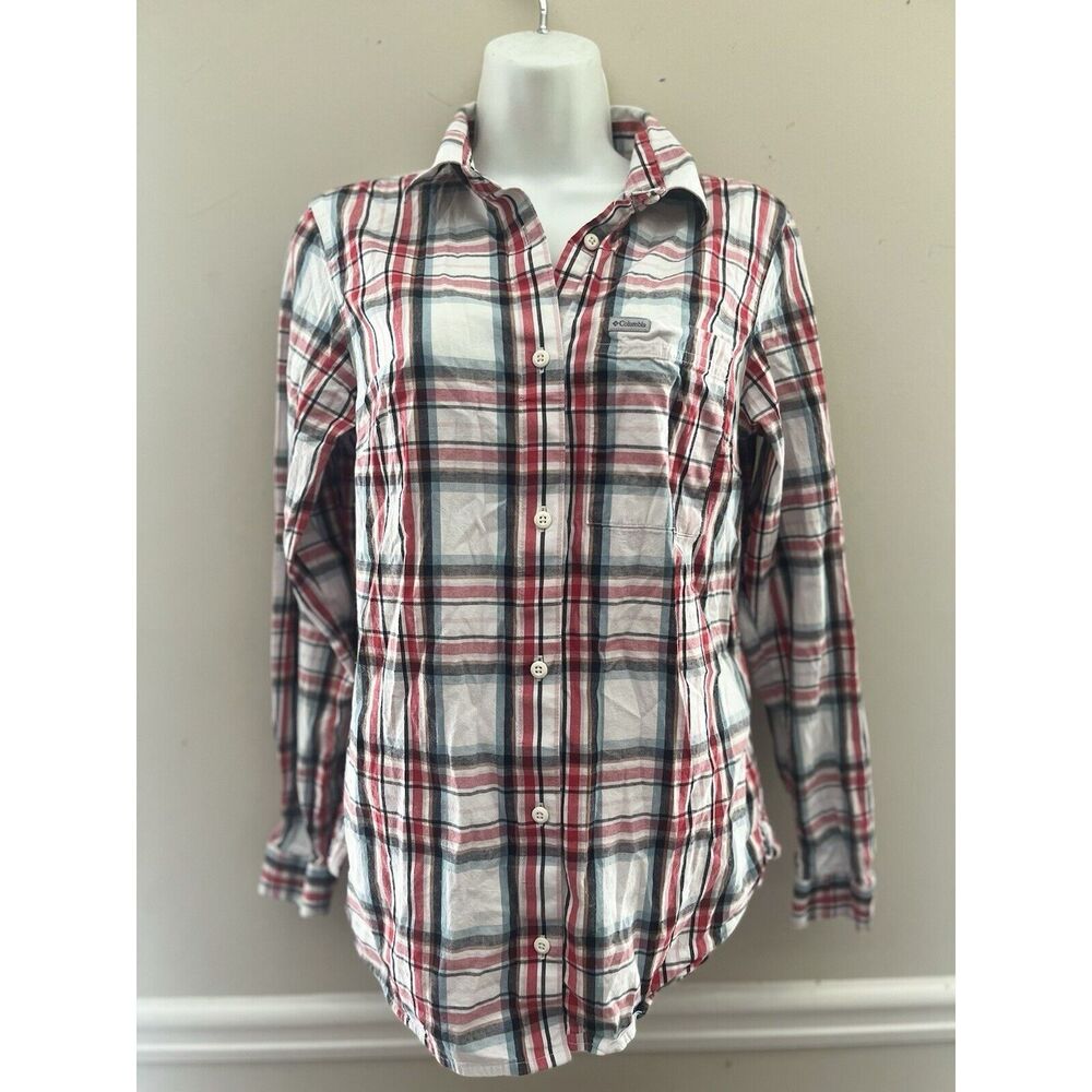 Columbia Plaid Shirt Women;s Med Button Red Black White Stitched Long Sleeves
